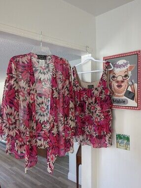 ❤️ Alex Evenings Black Pink Floral Design, 2-piece Tank & Blouse Jacket set 1X